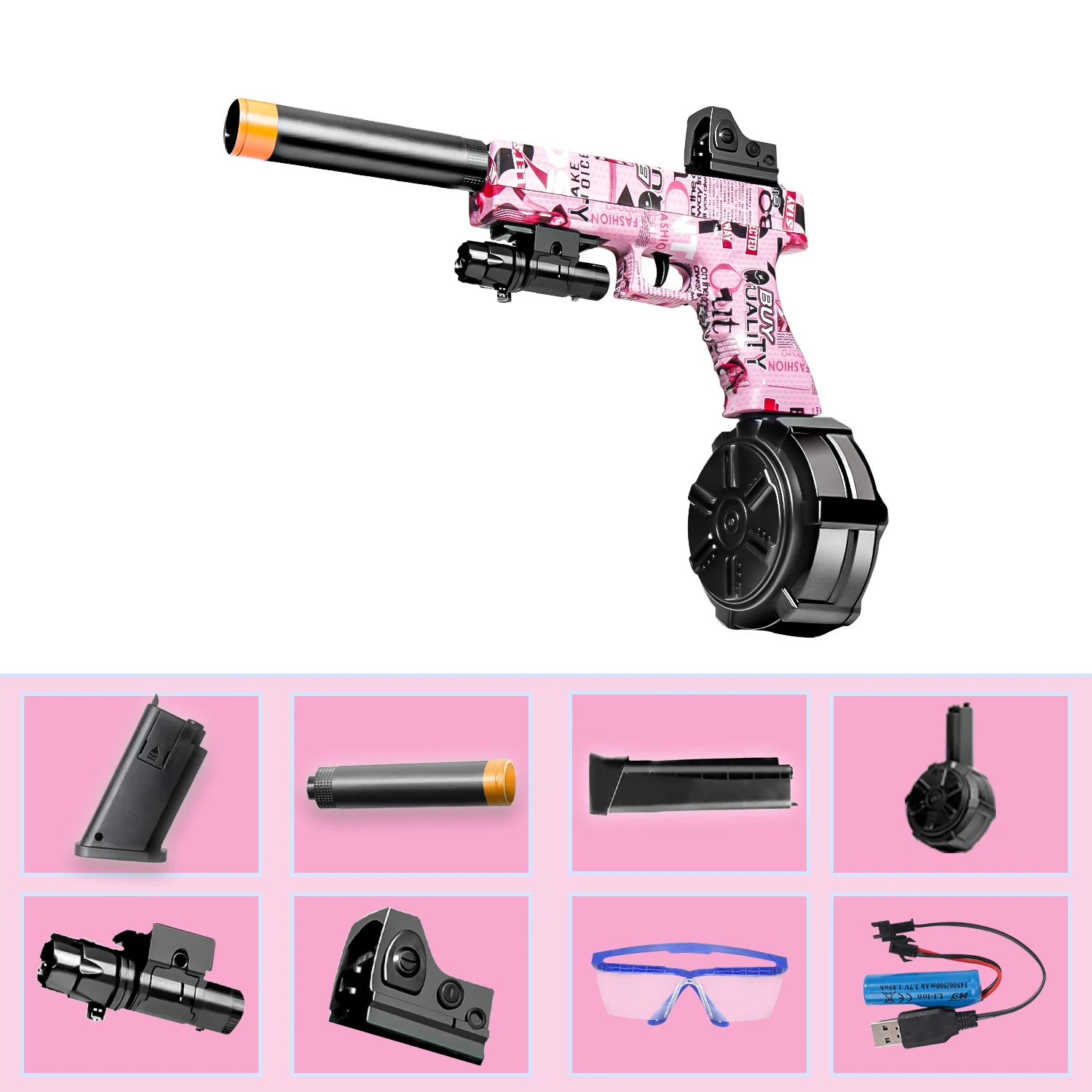 Pistola giocattolo con sfera gel scoppio elettrico e modalità single-shot manuali, con tre riviste, batteria ricaricabile, presa elettrica esterna