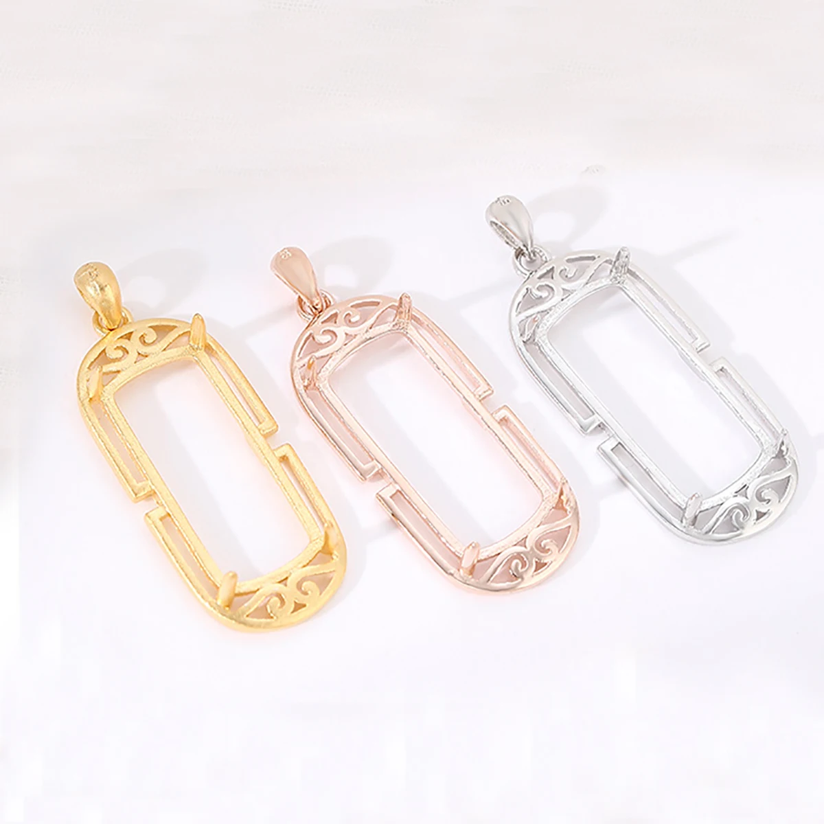 Solid 925 Sterling Silver Rectangle 4 Prongs Pendant Blank Bezel for 10X14/9X19mm Luxury Gemstone DIY Pendant Settings