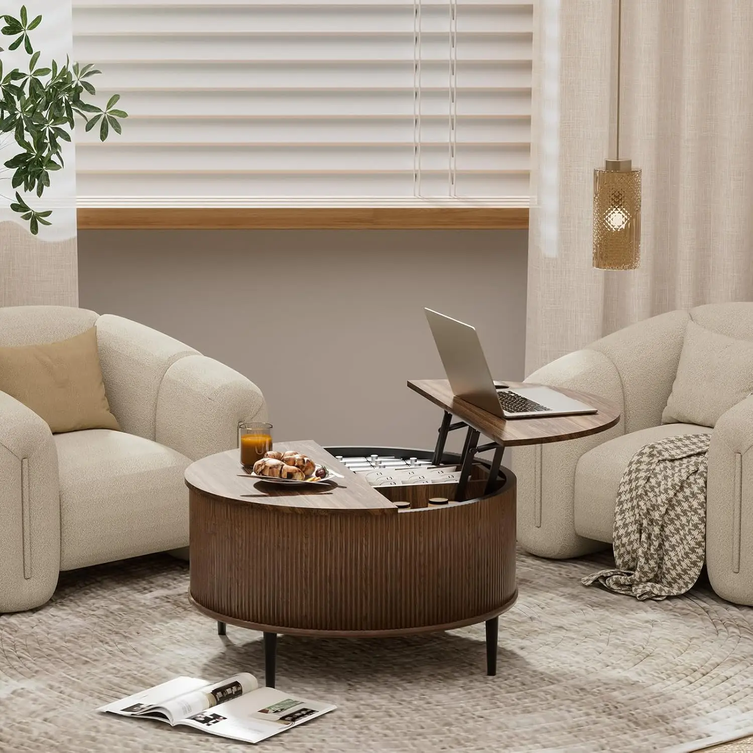 Round Coffee Table With Storage, 31.5" Lift Top Coffee Table，Fluted Modern Wooden Center Table For Living Room, Small Space