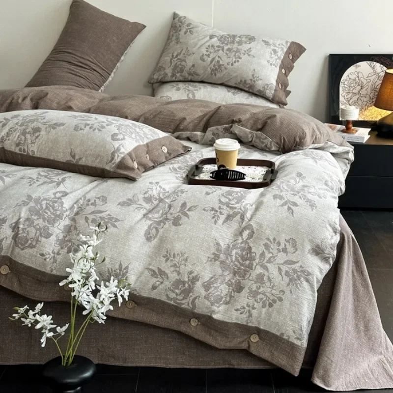 2025 new autumn and winter class A thickened high gram weight linen retro style double-layer yarn printing four-piece set