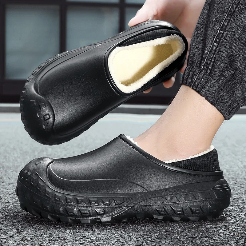 Unisex Home Cotton Shoes Slip Ons Warm Plush Slippers for Men Womens Waterproof Winter Garden Shoes Outdoor Thick Bottom Clogs