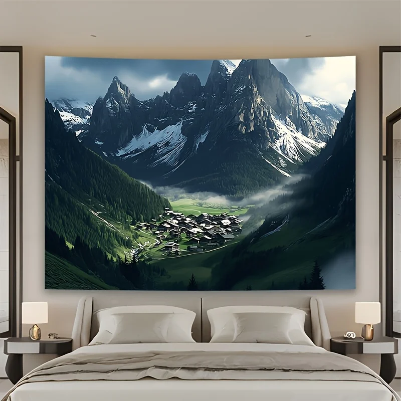 Dramatic Mountain View Tapestry Wall Hanging 150x300cm Alpine Landscape Cottage Decor Room Art
