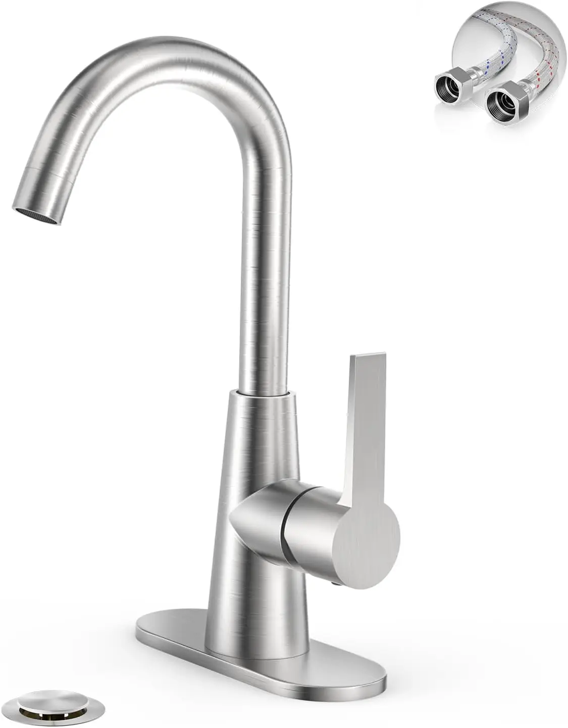 

Single Hole Brushed Nickel Bathroom Sink Faucet/Bar Sink/Pre-Kitchen Sink Faucet with 4 Inch Deck Plate,Drain and Supp