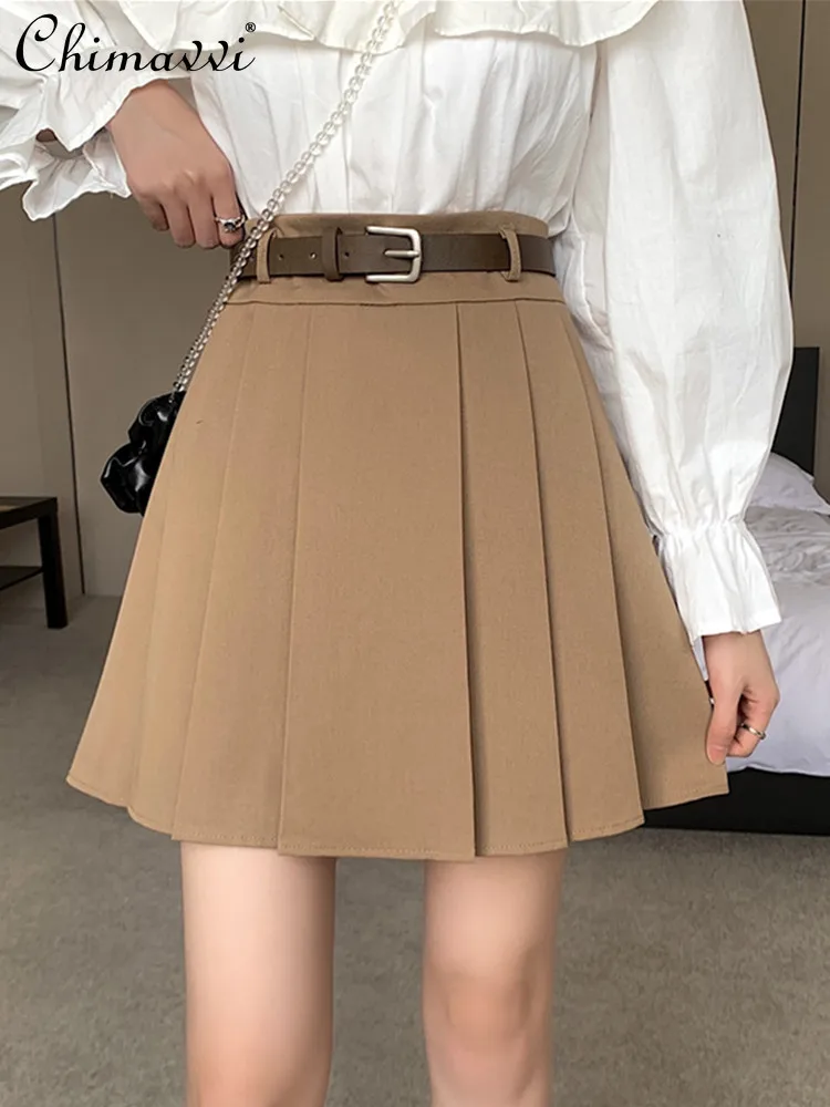 

Korean Fashion Large Size Solid Color Women's Pleated Skirt 2023 Spring Autumn College Style High Waist Slimming A- Line Skirts