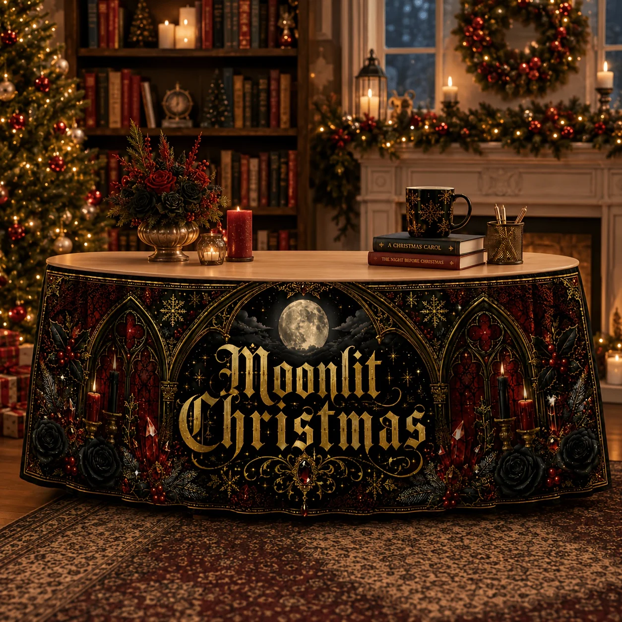 1 party table skirt, moonlight Christmas table cover, table skirt, Gothic arch, full moon candle, black rose.