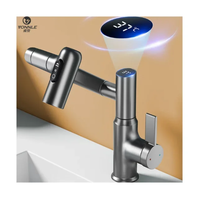 

Modern brass single hole cold and hot water mixer bathroom faucet intelligent thermostat electronic basin faucet