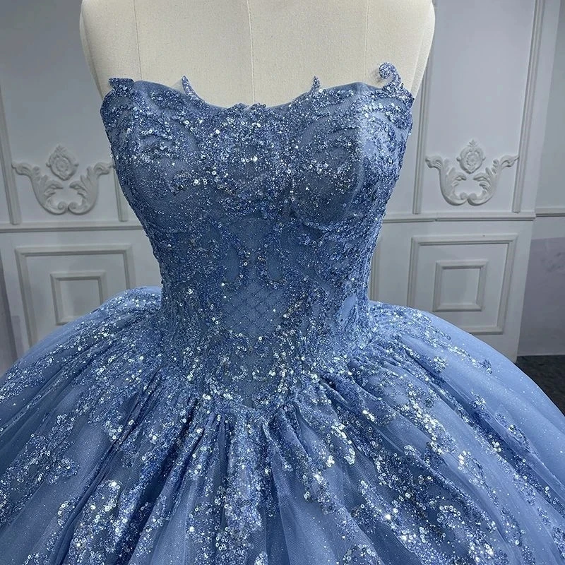 Sky Blue Shiny Off The Shoulder Quinceanera Dress Ball Gown Lace Applique Beaded Tull Sweet 16 Vestido 15 De Años