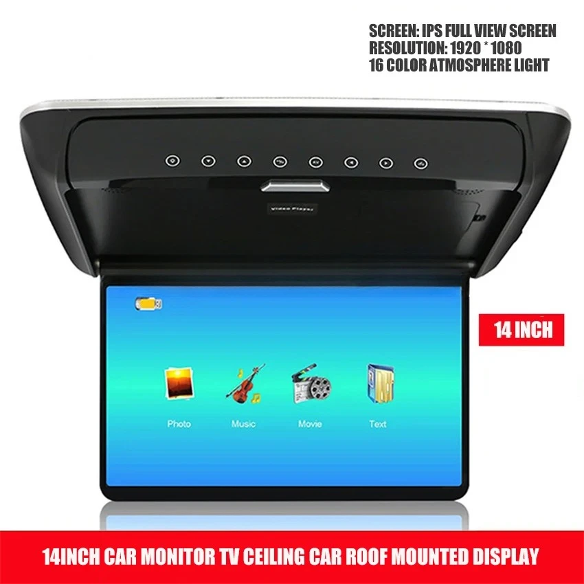 Suitable for Car Monitor Smart Digital 14 Inch TV HDMI Ceiling Car Roof Mounted Display 1080P MP5 Cars Multimedia Video Player