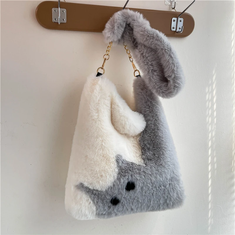 Fashion Cute Cat Pattern Shoulder Bag, Autumn Winter Plush Tote Bag, Cartoon Color Contrast Large Capacity Diagonal Handbag