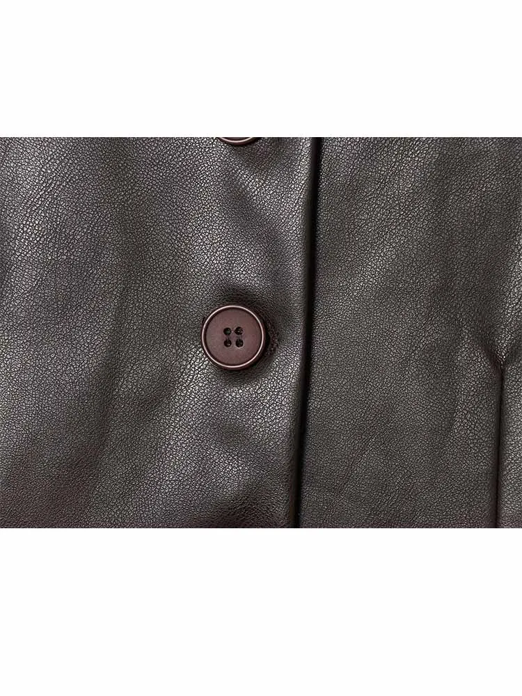 HH nouvelle femme hiver mode col rond manches longues simple boutonnage en cuir artificiel femme décontracté Style de rue manteau