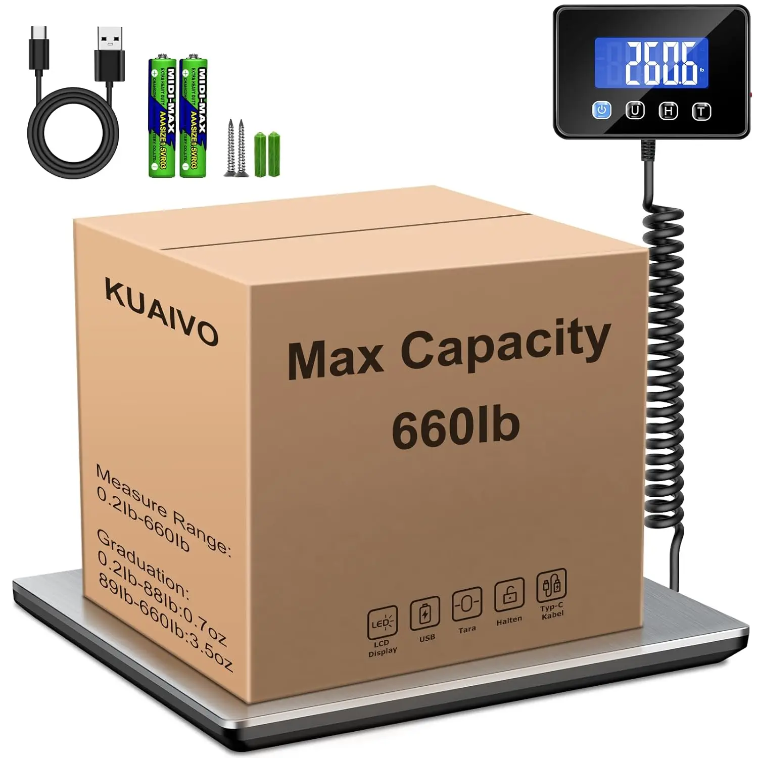 

660lbs Digital Shipping Scale, 0.35oz Accuracy, Battery & Charging Cable Included