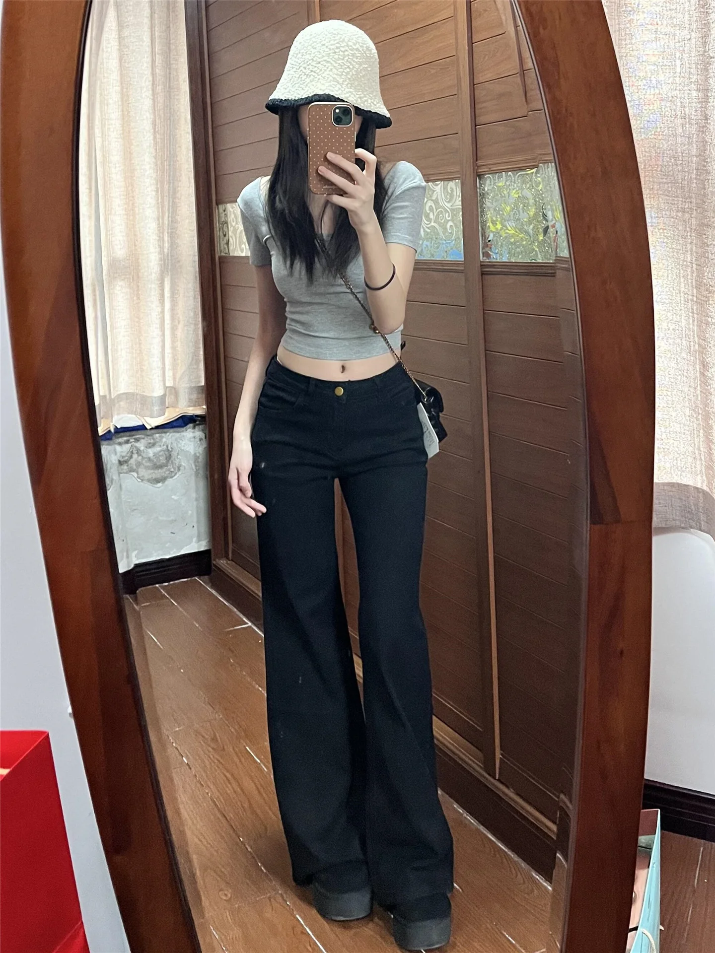 

Black Bell Bottom Jeans Women's Spring Hot Girl Loose Slimming Not Sticky Leg Extended Casual Floor Length Pants
