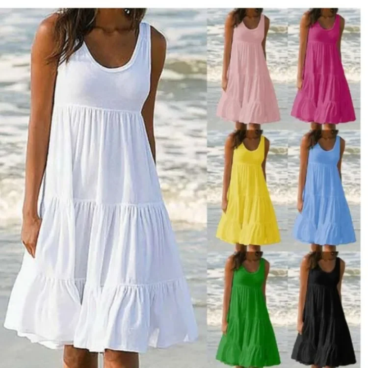 

Women Causual O Neck Sleeveless Ruffles Mini Dress Boho Solid Beach Sundress Oversized Loose Dress 2025 Summer New