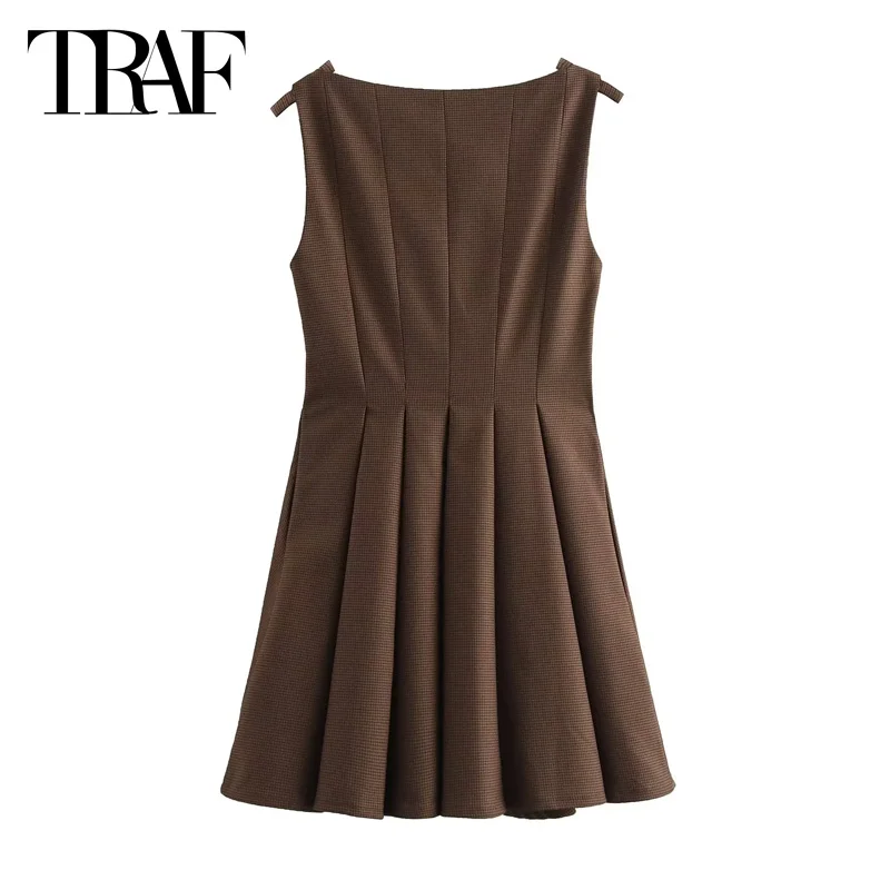 TRAF Brown Short Dresses Vestidos 2024 Women's Autumn Butterfly Mini Slip Dresses Elegant Party Pleated Sleeveless Dresses