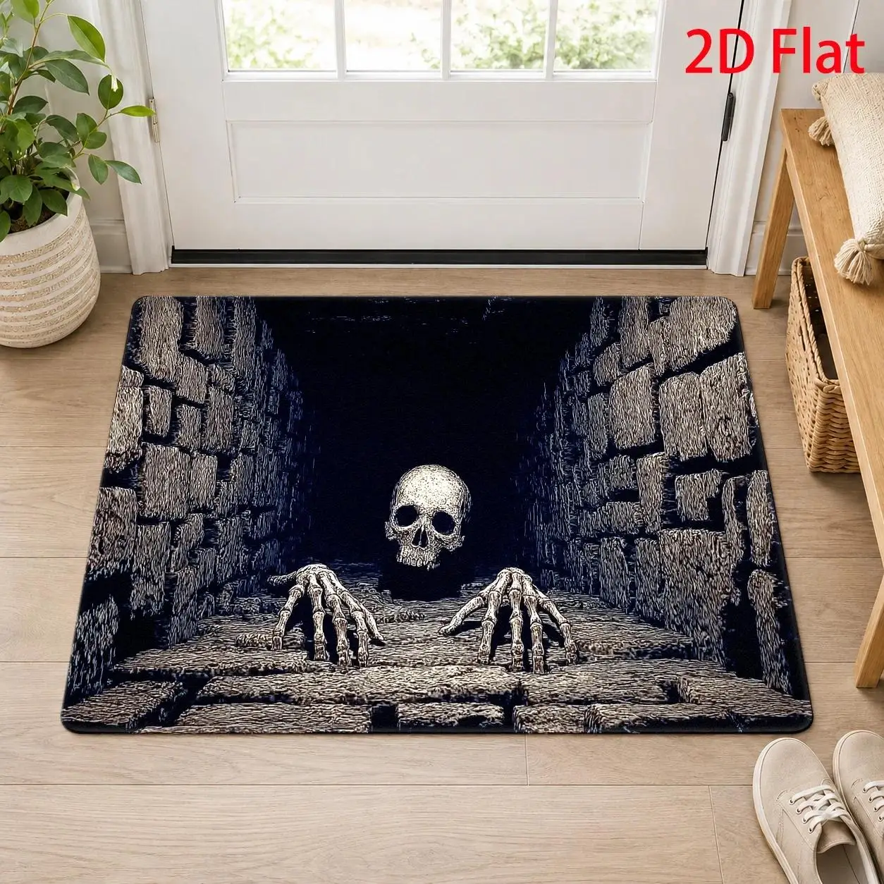 Skeleton Hands Stone Tunnel Horror Floor Mat Gray Brick Wall Dark Void Center Print Non Slip Absorbent Carpet