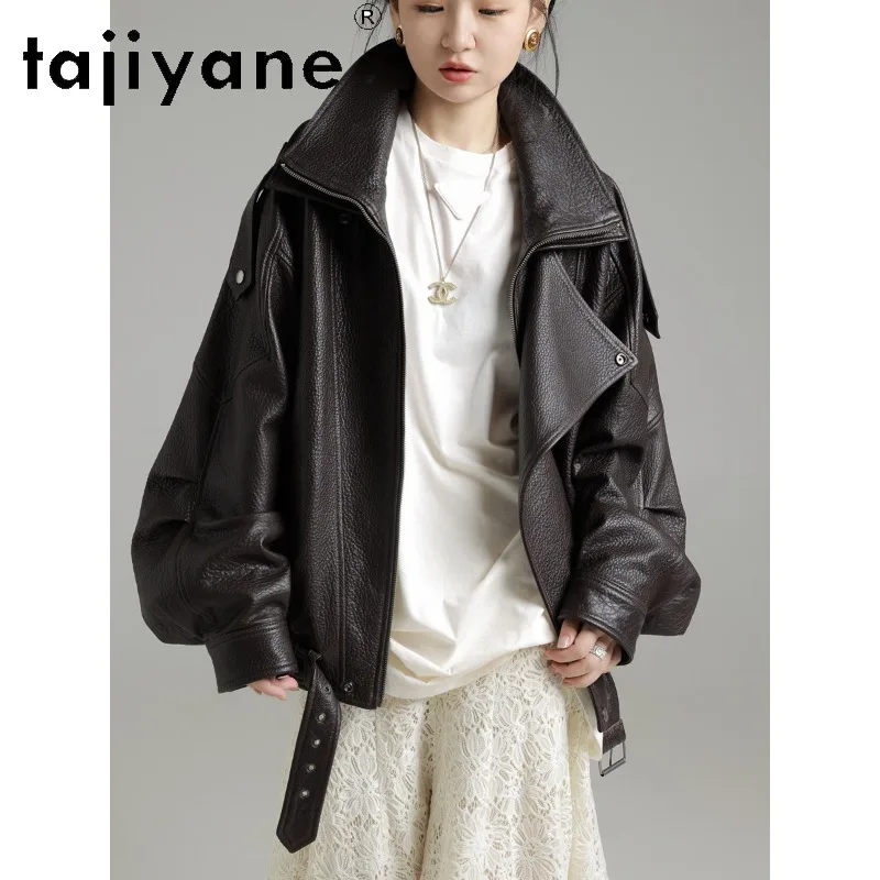 TAJIYANE Spain Lamb Bubble Leather Coats Oversized Genuine Leather Jacket Woman Double‑Collar Moto Jackets for Woman Chic 가죽자켓