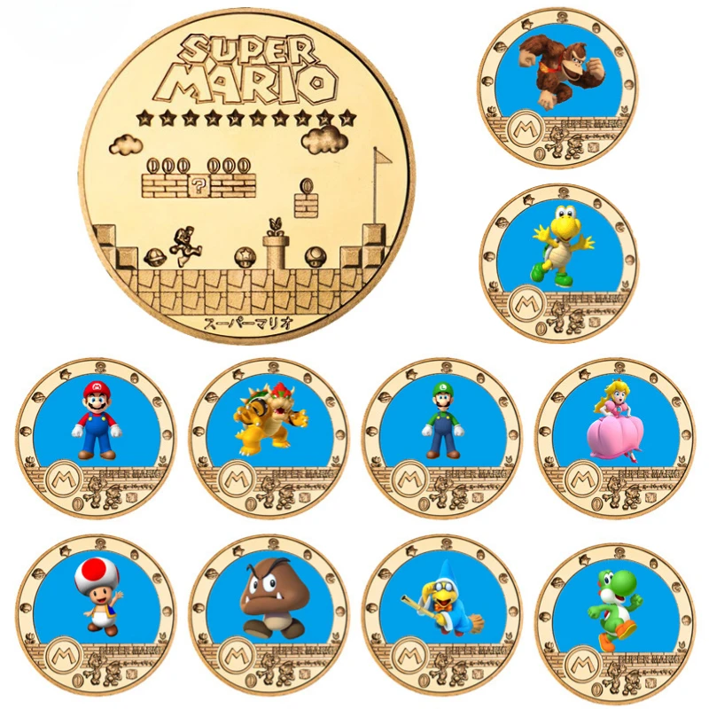 Super Marios Bros Commemorative Coins Anime Figure Luigi Yoshi Bowser Peach Cosplay Metal Crafts Collection Coins Kids Toys Gift