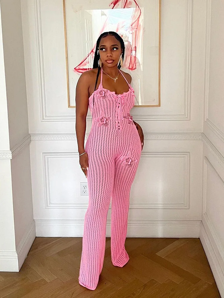 Weird Puss Knitted Backless Jumpsuit Women Lace-Up Halter Flower Applique Sleeveless 2025 Summer Vacation Trend Classic Overalls