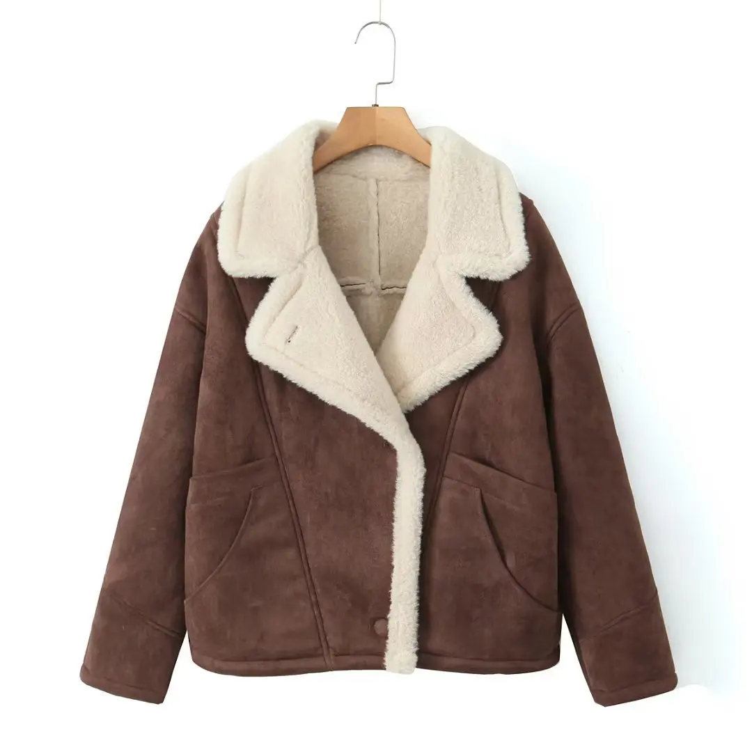 Autumn Winter New Women\'s Fashion Loose Warm Vintage Lamb Wool Coat Pocket Lapel Jacket