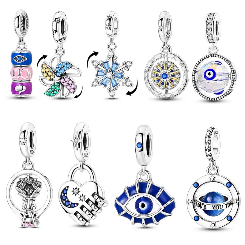 

925 Sterling Silver Rotatable Charms Beads Eye Planet Windmill Snowflake Pendants Fit Women Bracelet