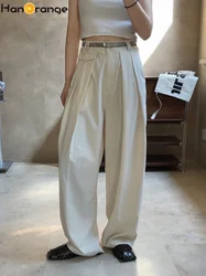 HanOrange 2024 Spring Summer Wide Leg Pants Women Wrinkled Texture High Waist Loose Light Thin Trousers Female Black/Milk White