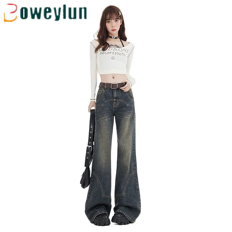 

Boweylun New American Style Vintage Low Waisted Micro Flare Jeans Women Spring and Autumn Loose Flare Pants Girls