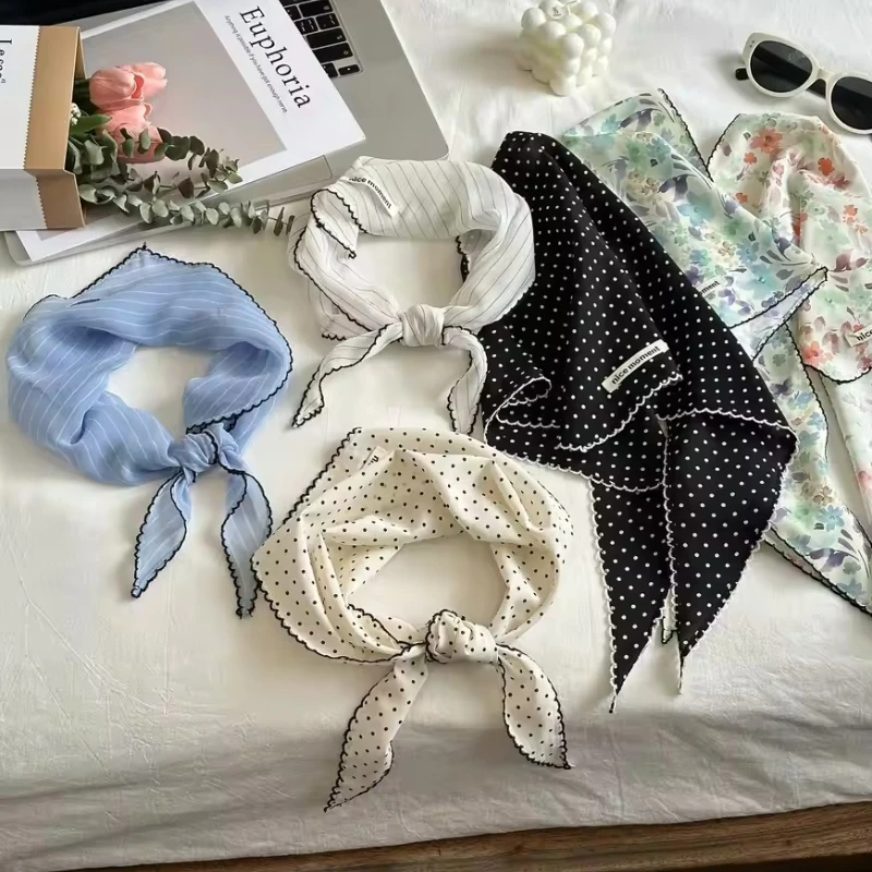 

Треугольный шейный платок, милый милый повязка на голову в горошек, тюрбан, женский свежий маленький шарф, полосатая тонкая повязка для волос, фотографии отпуска