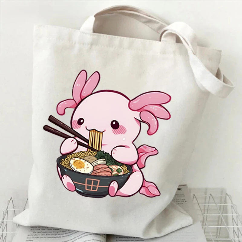 Canvas Women's Bag Large Capacity Shoulder Bag Cute Axolotl Eating Japanese Ramen Noodles Anime Cartoon Student Handbag Shopping