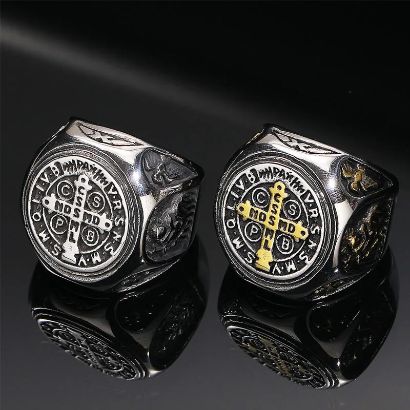 Vintage Exorcism Saint Benedict Cspb Cross Ring Men Punk Amulet Christianity Rings Stainless Steel Jewelry Gift Wholesale