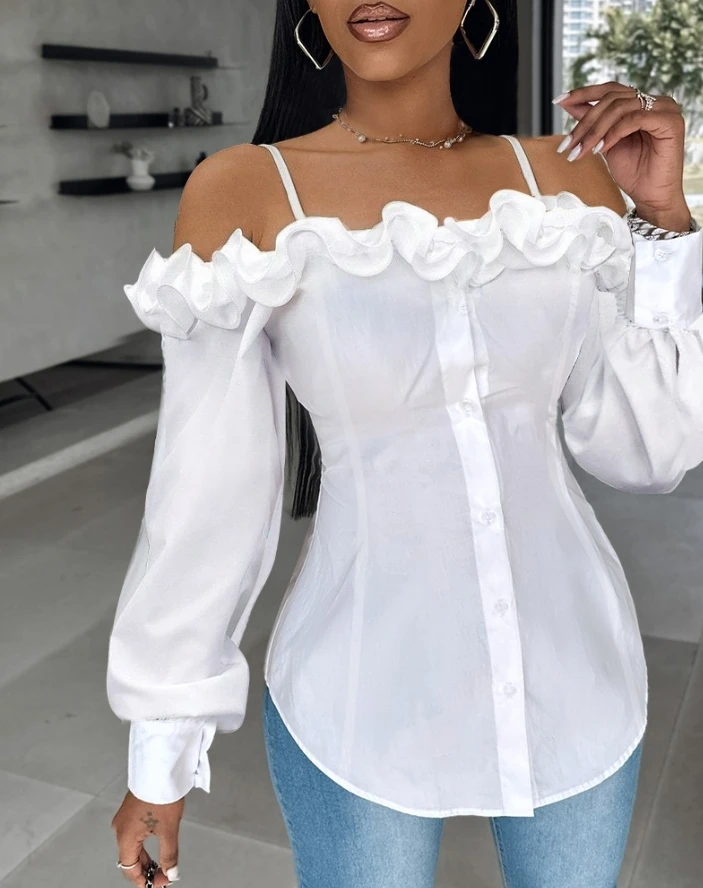 

Sexy Elegant Blouses Shirt for Women 2024 Spring Summe Casual Fashion Long Sleeve Ruffle Hem Buttoned Off Shoulder Top