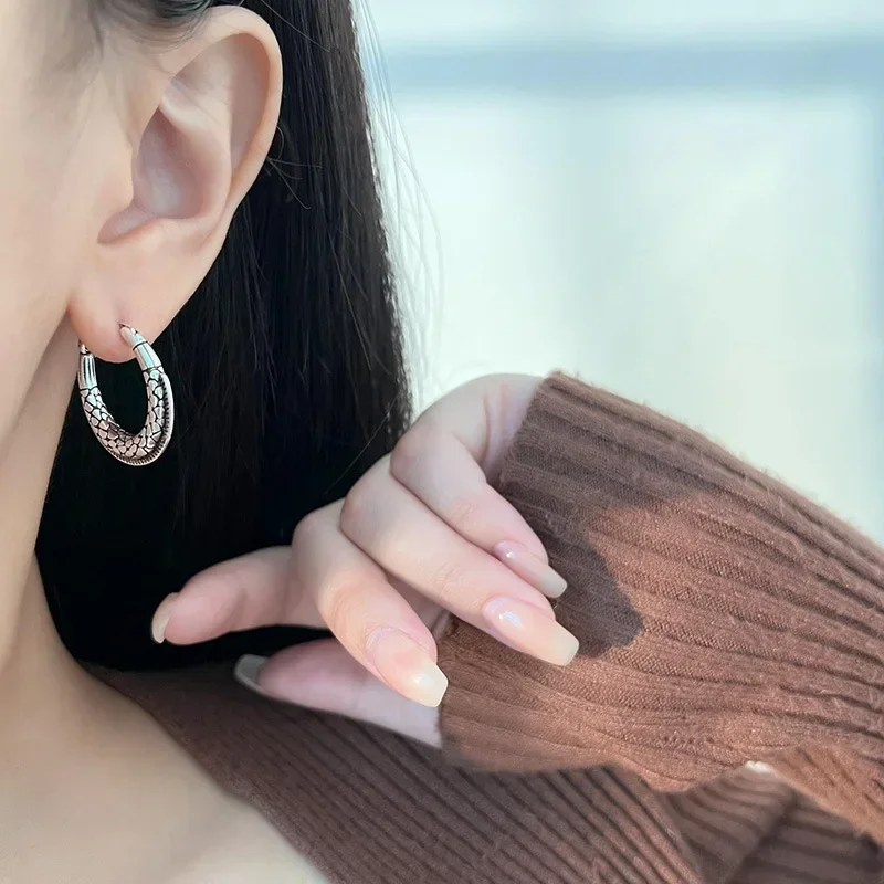 925 Sterling anting-anting Hoop Hip Hop cetak ular Vintage Perak untuk wanita 2023 anting-anting pesta pernikahan Korea hadiah perhiasan wanita