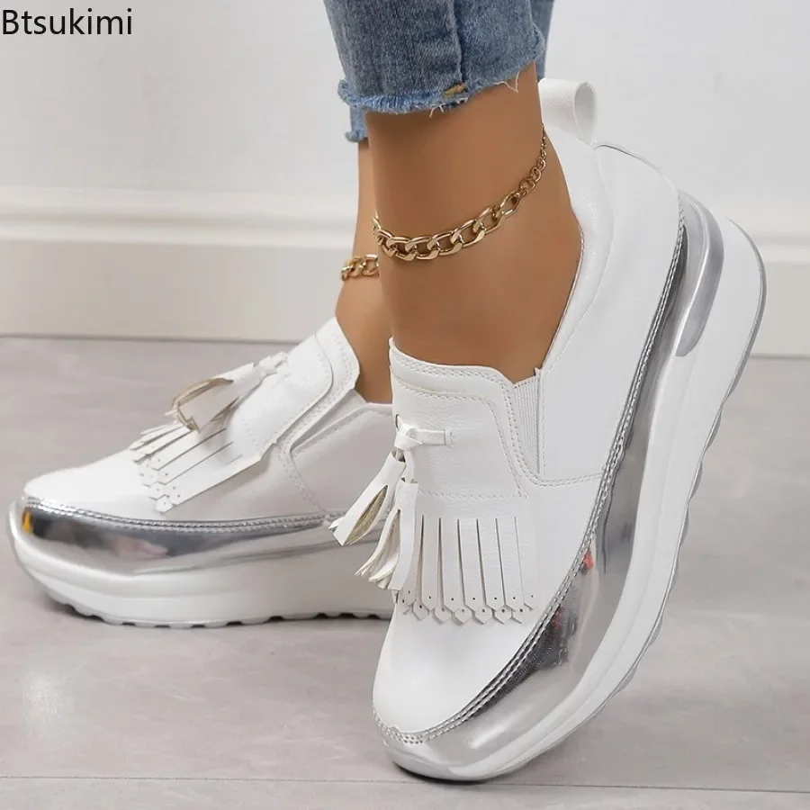 

2024 Women's Casual Chunky Sneakers Shoes Solid Tassels Thick Bottom Vulcanize Shoes Woman PU Leather Slip-On Platform Sneakers