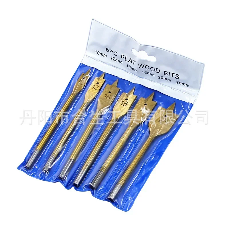 Special 6-piece set hexagonal handle hanging bag titanium-plated flat drill set hole opener 10-25mm woodworking