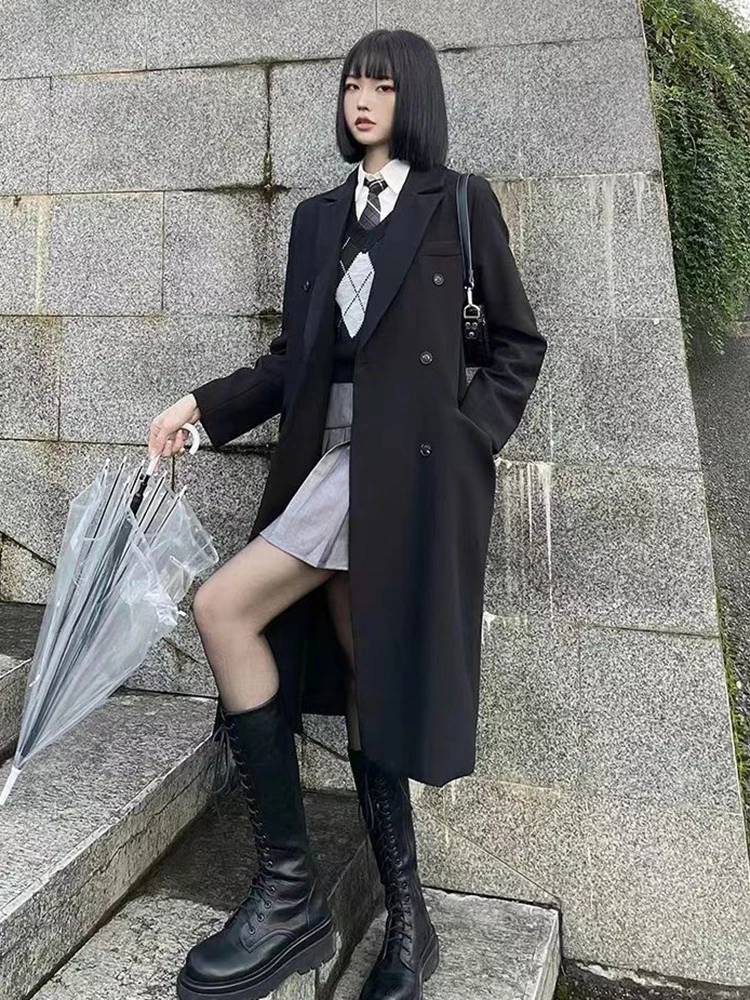 Korean Casual Midi Blazers Women Long Sleeve Button Streetwear Solid Suit Jacket Loose Preppy Chic Office Lady Student Outwear
