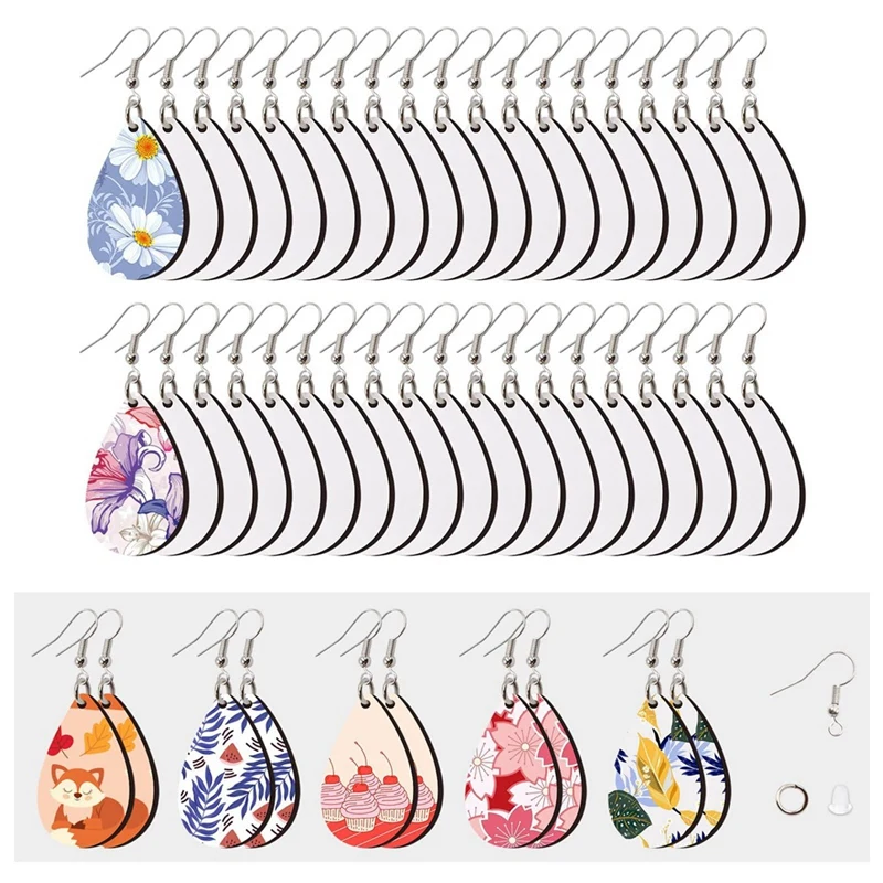 60PCS Sublimation Blanks Products, Sublimation Blank Earrings With Unfinished Waterdrop Earring Pendant, For Craft DIY