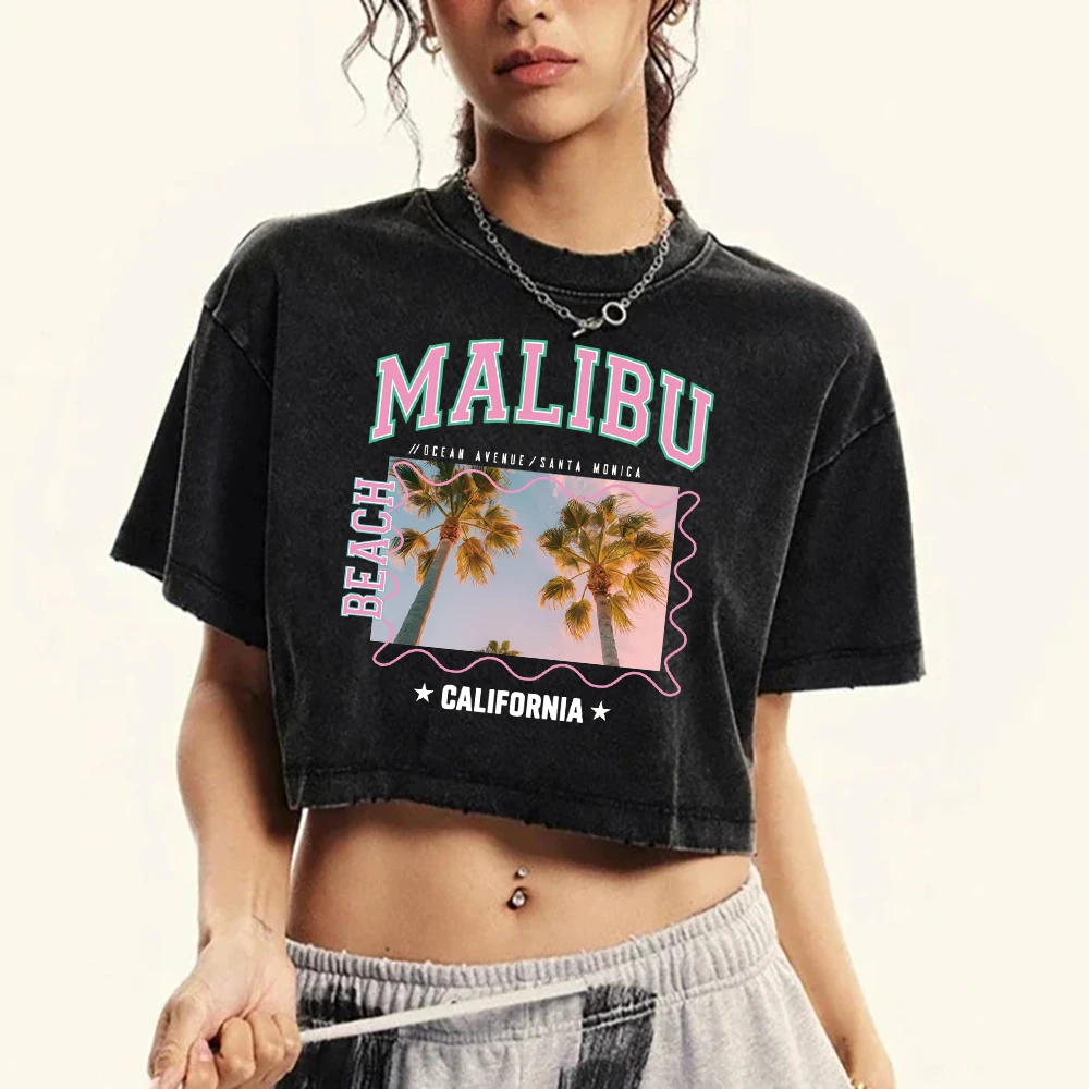 Malibu Coconut Tree California Printed Washed Tee Shirt Women Fitness Summer Tops Retro Short Sleeve Cotton Fashion Clothing