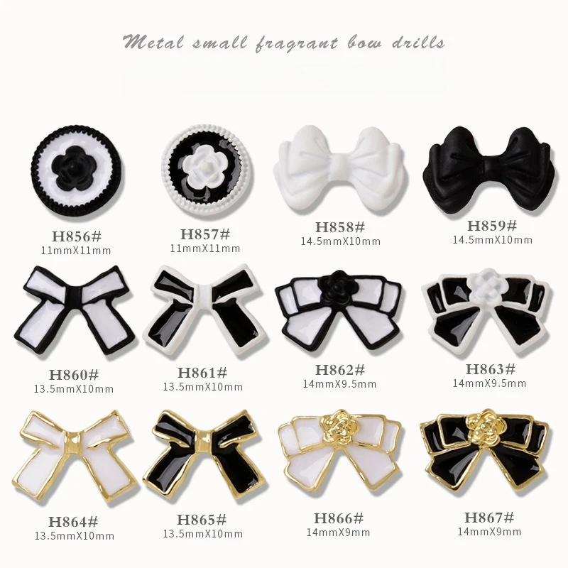 10Pcs Camellia Bow Alloy Nail Charms Japanese Style Black Metal Rhinestone Ornaments DIY Nail Art Manicure Decor Set view 2