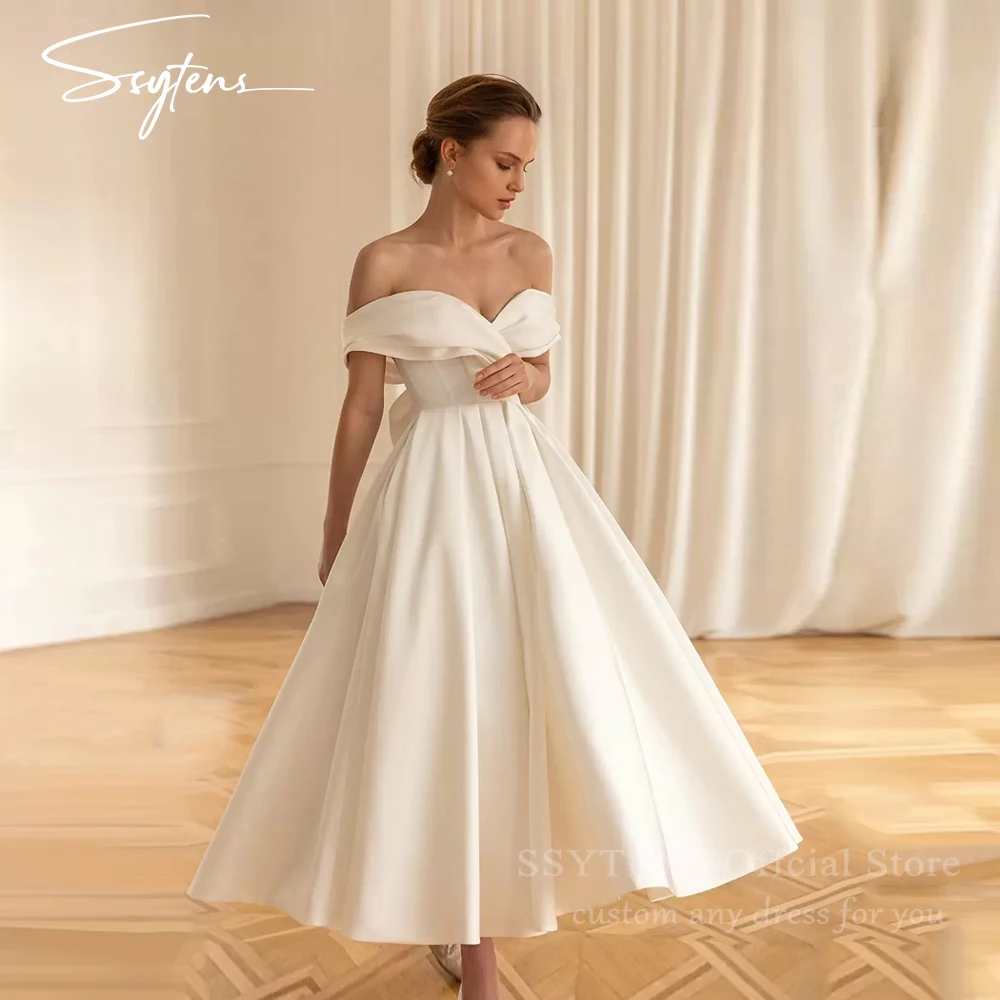 

SSYTENS Ankle Length Simple Brides Wedding Dresses Off the Shoulder Bow Bridal Gowns Female Customized Long White Dress Woman ve