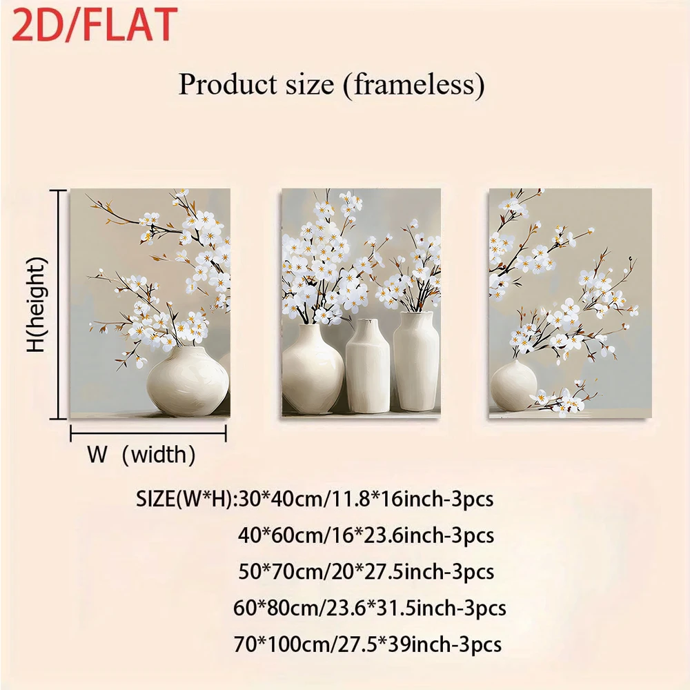 (3PCS Unframe)1 set of modern minimalist three-panel frameless paintings, white vase and floral art, 2D flat design.