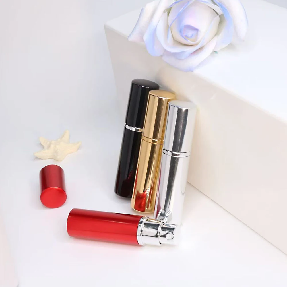 Przenośna butelka z rozpylaczem z metalicznego aluminium o pojemności 5 ml, szklana butelka, wysokiej klasy, podróżna butelka na perfumy wielokrotnego użytku