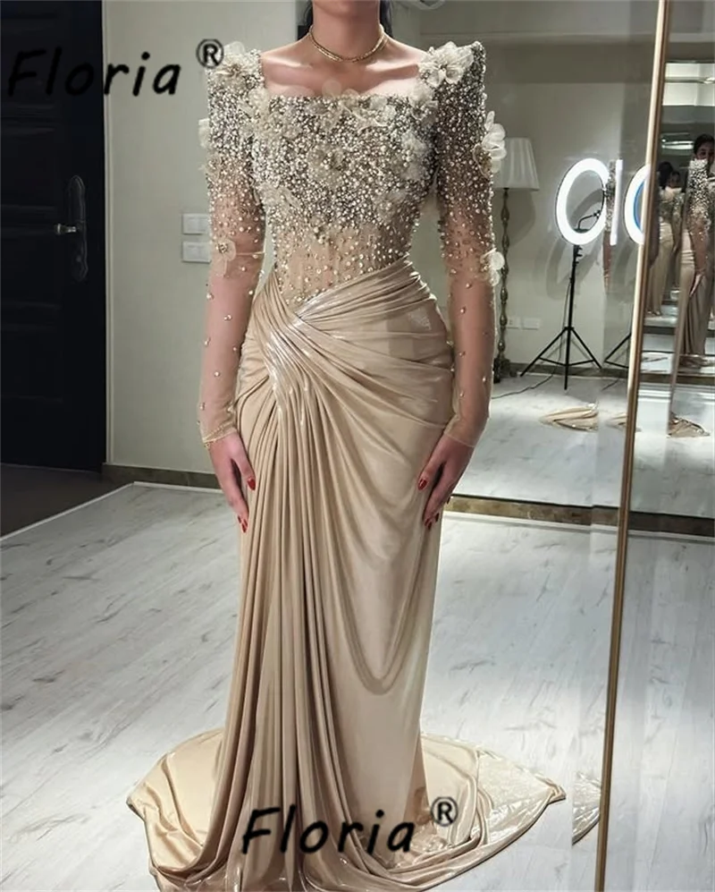 

Champagne Long Sleeve Pearls Mermaid Evening Dresses Beads 3D Flower Appliques WeddingParty Dress Prom Customized Vestidos Gala
