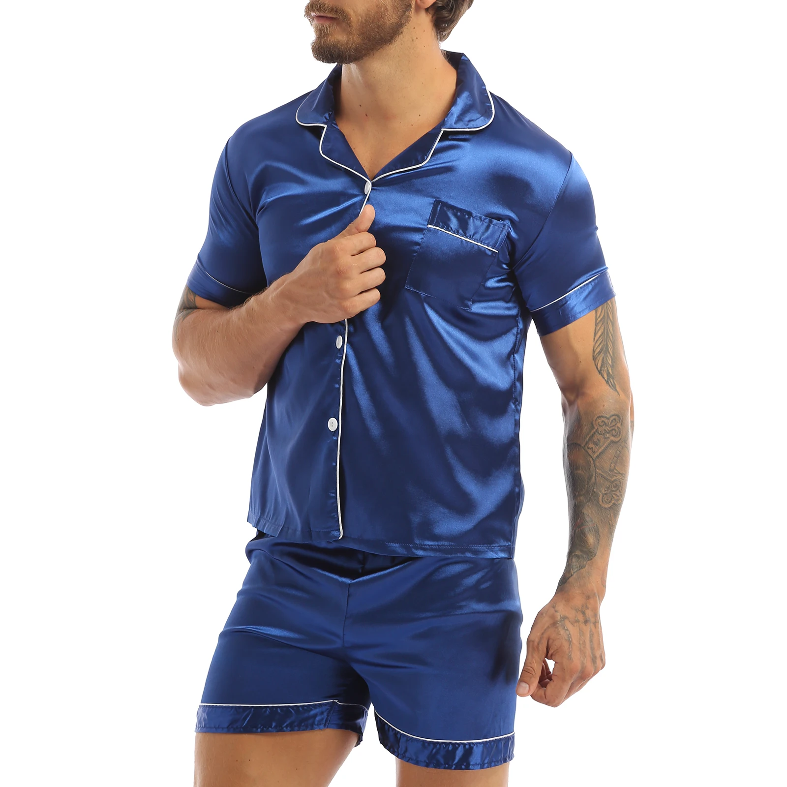 Mens Silky Satin Sleepwear Nightwear Pajamas Set Short Sleeves Button Down Shirt Top with Boxer Shorts Loungewear