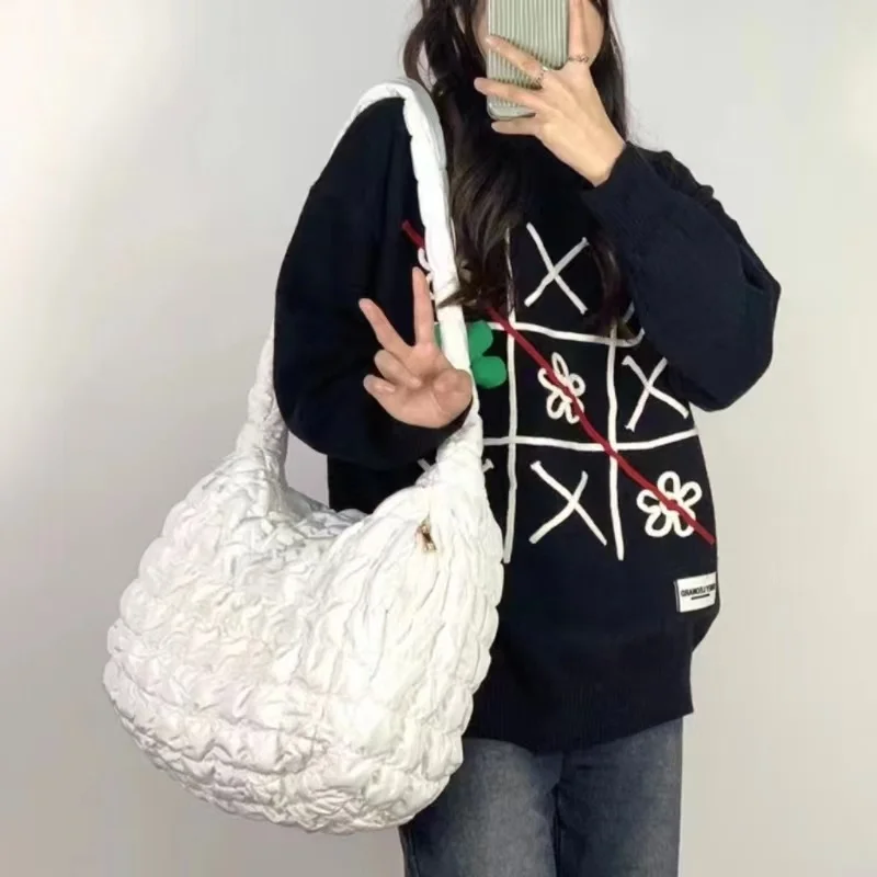 Y2K Style Casual Ruched Oversized Women Shoulder Bags  Quilted Padded Crossbody Bag Large Capacity Nylon Tote Big Shopper Purses