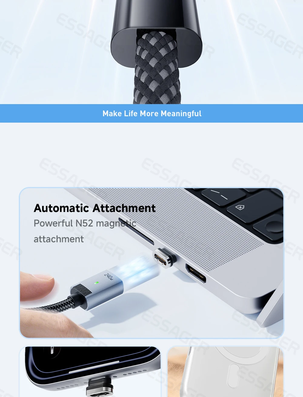 Essager USB C Cable 240W Magnetic USB Type C Cable PD 5A Fast Charging Data Cord For iPhone 17 Macbook Pro Xiaomi Huawei Samsung