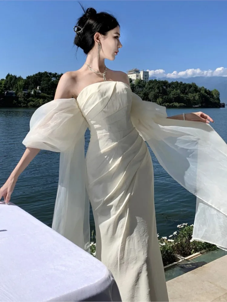 

Women Elegant Solid Formal Ocassion Dress Chic Backless Wedding Party Vestidos Female Fashion Fairycore Strapless Slim Fit Robe