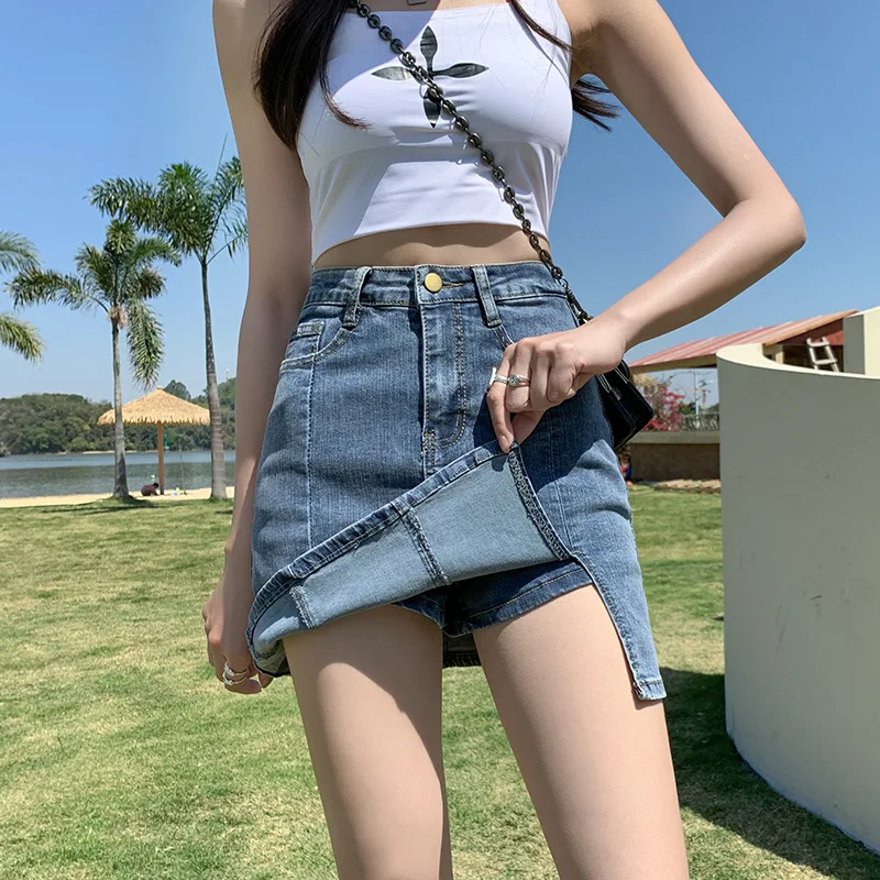 

Women's Denim Mini Skirt Side Slit High Waist Stretch Denim Shorts Retro Anti-exposure Hip Skirt