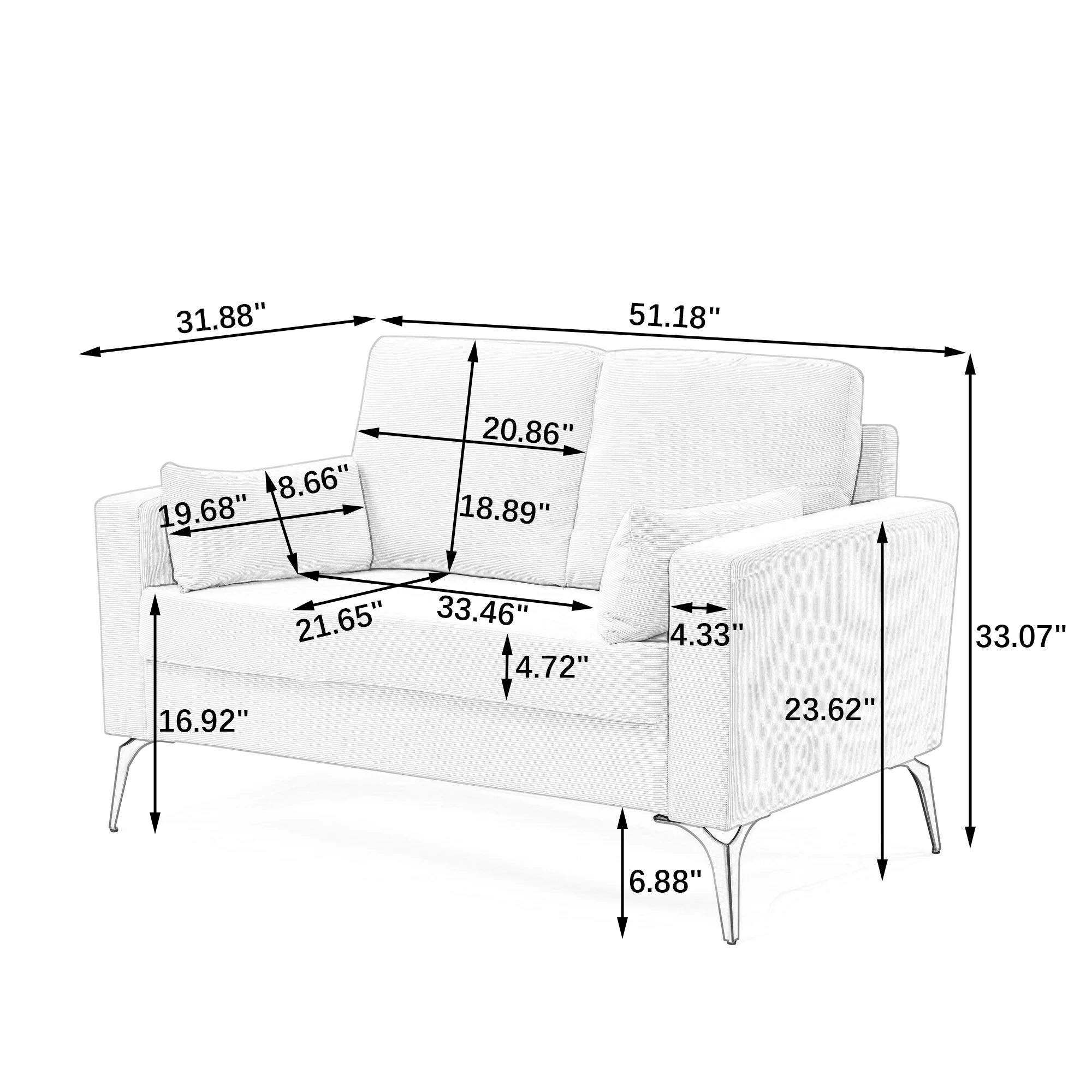 Sofa Loveseat dengan lengan persegi dan punggung ketat-termasuk dua bantal kecil, krem korduroi, untuk ruang tamu