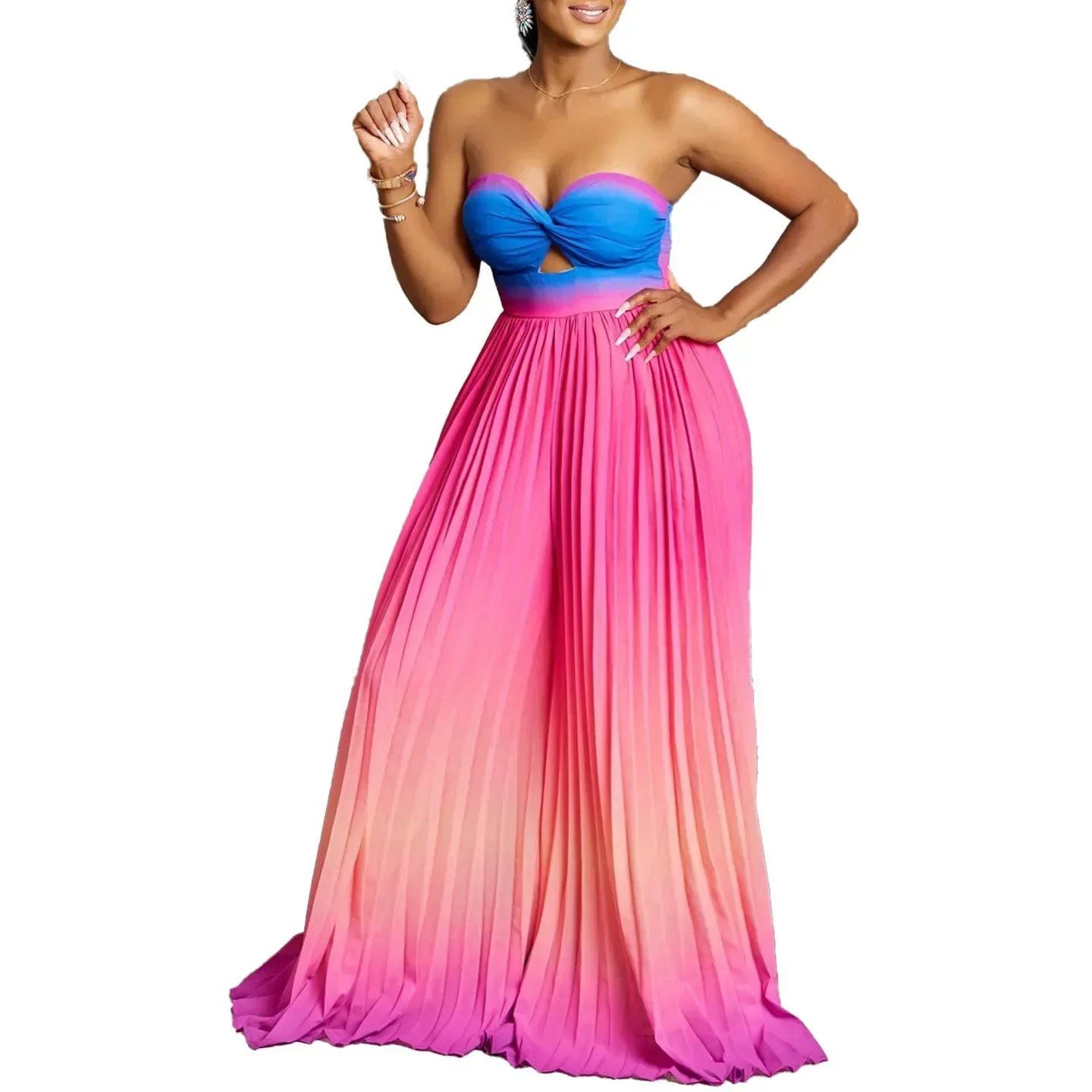 ملابس أفريقية لعام 2024 للنساء صيفية بدون أكمام أزرق وأخضر بوليستر للحفلات المسائية بذلة طويلة بطيات Dashiki ملابس أفريقيا