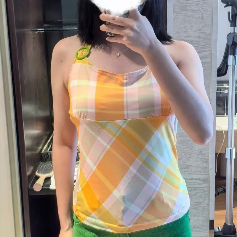 

Summer Dopamine Camisole Japanese Retro Subculture Checkered Halter Vest Harajuku Sweet Kawaii Tanks Women's Popular Slim Tops
