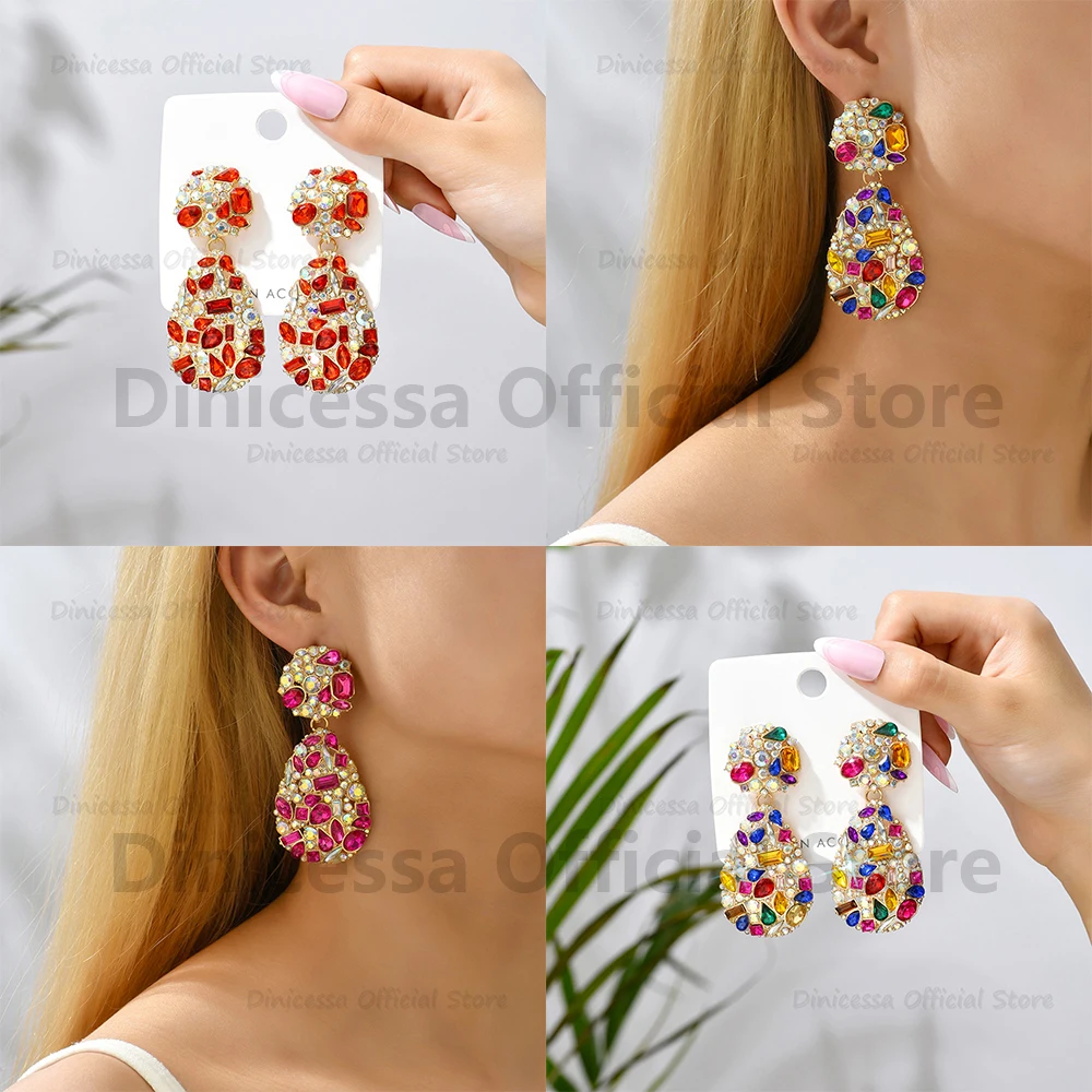 Vintage Teardrop Big Dangle Drop Earrings For Women Luxury Quality Colorful Crystal Unusual Pendientes Party Statement Jewelry